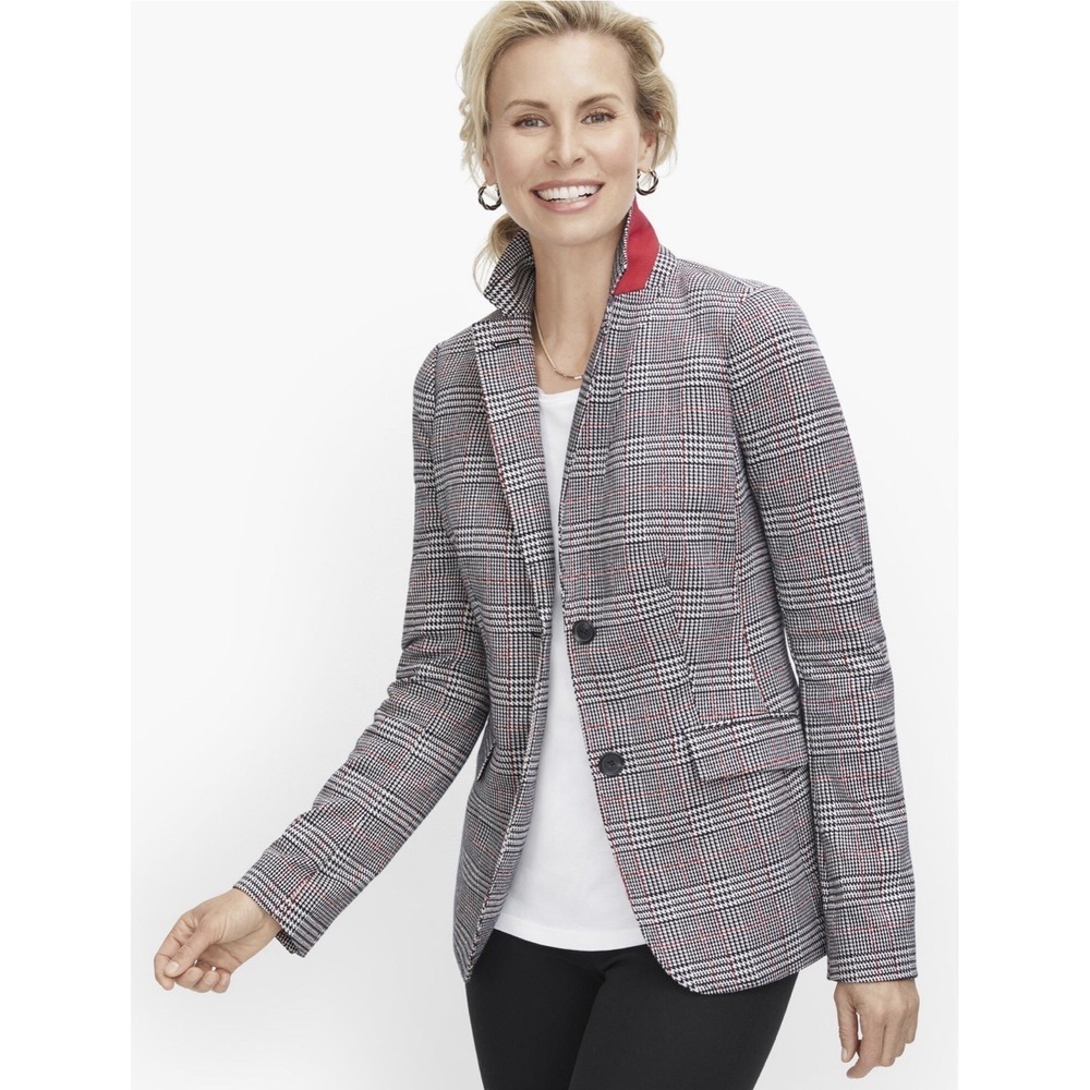 NEW! TALBOTS Aberdeen Glen Plaid Jacquard Knit Blazer Jacket Black Red SZ 12